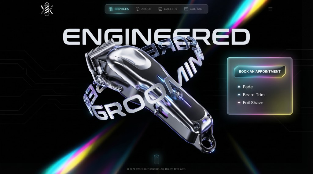 Engineered Grooming futuristic barbershop landing with clippers and booking panel.