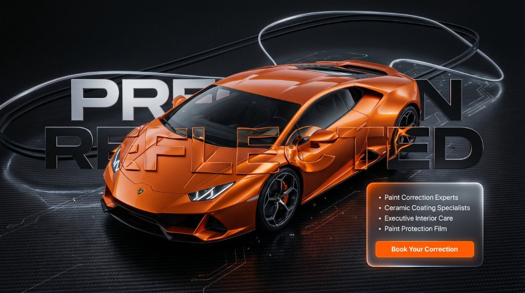 High-end auto detailing hero with sports car and service list.