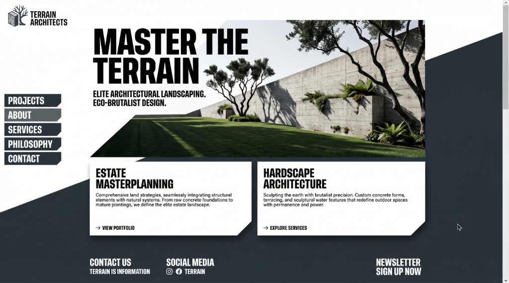 Terrain Architects style landscaping site with brutalist layout and estate services.