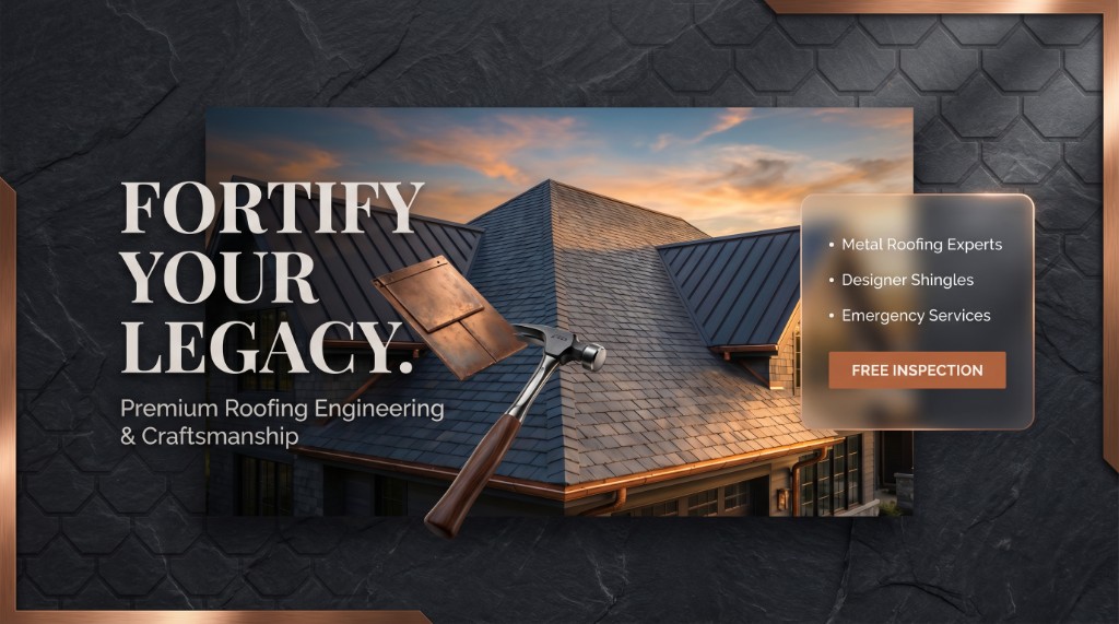 Premium roofing company hero with sunset home, tools, and inspection call to action.
