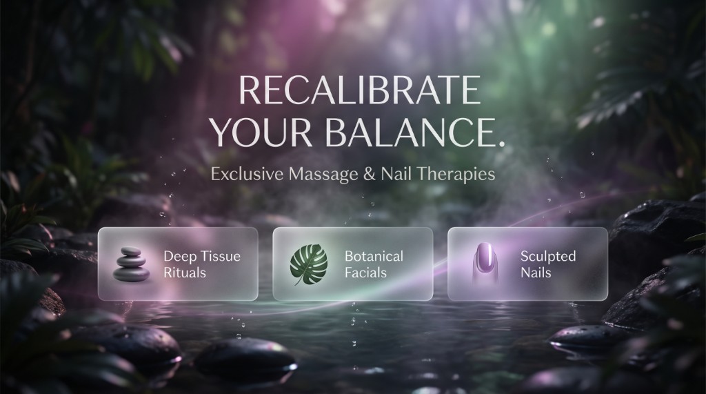Wellness spa marketing hero: forest scene with glass service cards for massage, facials, and nails.
